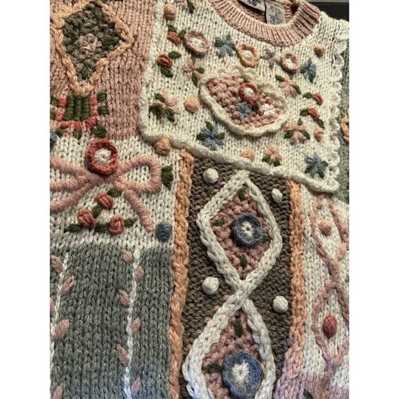 cottagecore sweater 80s vintage pastel pink peach floral embroidered  hand knit - Picture 2 of 5
